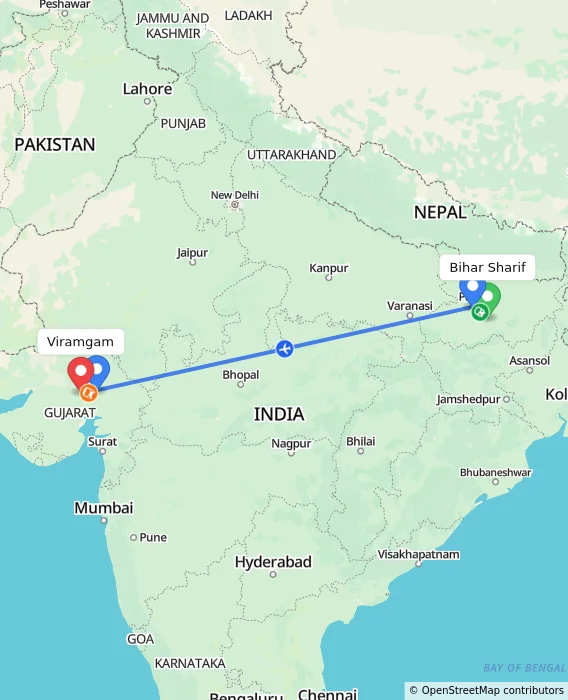 Route map showing distance and travel time from Bihar Sharif, India to Viramgam, India