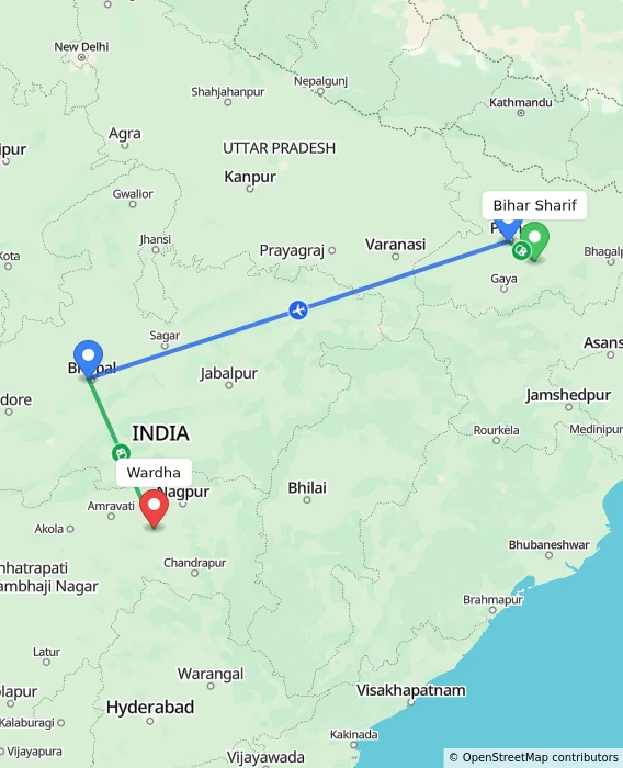 Route map showing distance and travel time from Bihar Sharif, India to Wardha, India