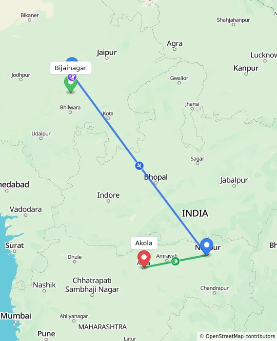Route map showing distance and travel time from Bijainagar, India to Akola, India