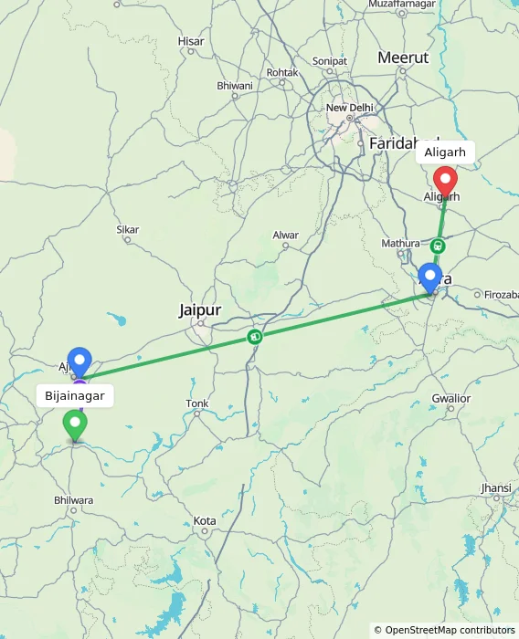 Route map showing distance and travel time from Bijainagar, India to Aligarh, India