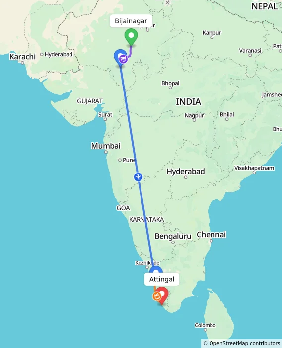 Route map showing distance and travel time from Bijainagar, India to Attingal, India