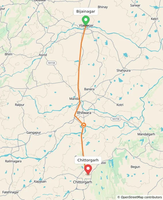 Route map showing distance and travel time from Bijainagar, India to Chittorgarh, India