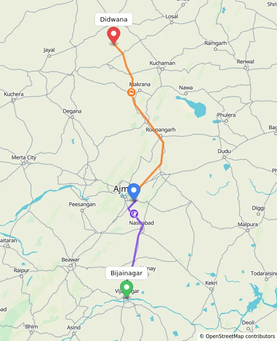 Route map showing distance and travel time from Bijainagar, India to Didwana, India