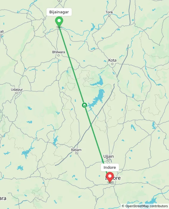 Route map showing distance and travel time from Bijainagar, India to Indore, India