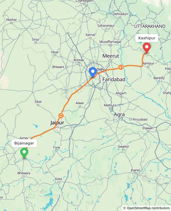 Route map showing distance and travel time from Bijainagar, India to Kashipur, India