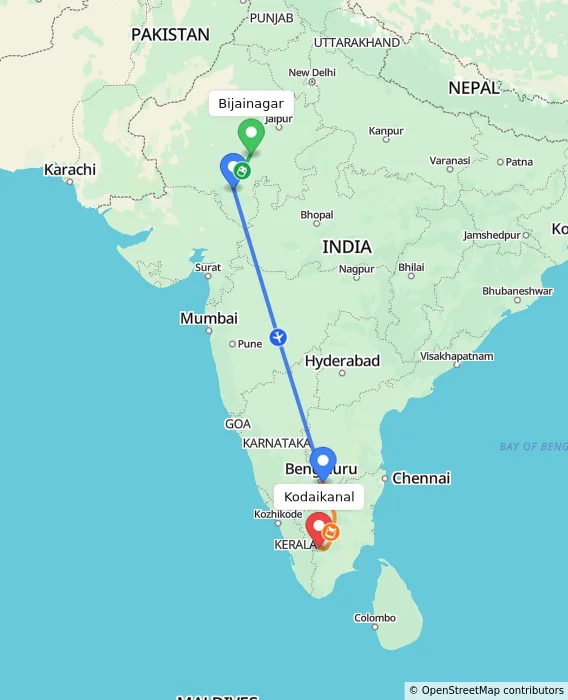 Route map showing distance and travel time from Bijainagar, India to Kodaikanal, India