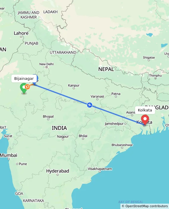 Route map showing distance and travel time from Bijainagar, India to Kolkata, India
