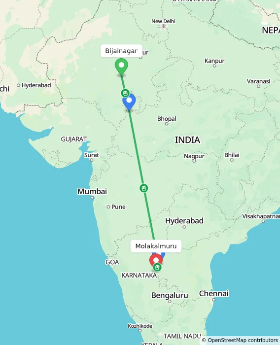 Route map showing distance and travel time from Bijainagar, India to Molakalmuru, India