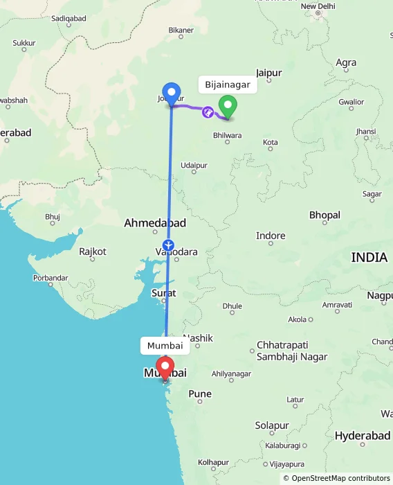 Route map showing distance and travel time from Bijainagar, India to Mumbai, India