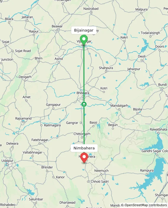 Route map showing distance and travel time from Bijainagar, India to Nimbahera, India