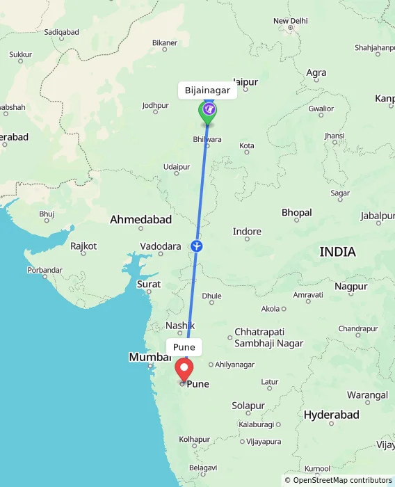 Route map showing distance and travel time from Bijainagar, India to Pune, India