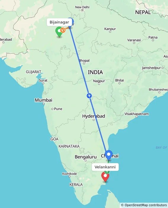 Route map showing distance and travel time from Bijainagar, India to Velankanni, India