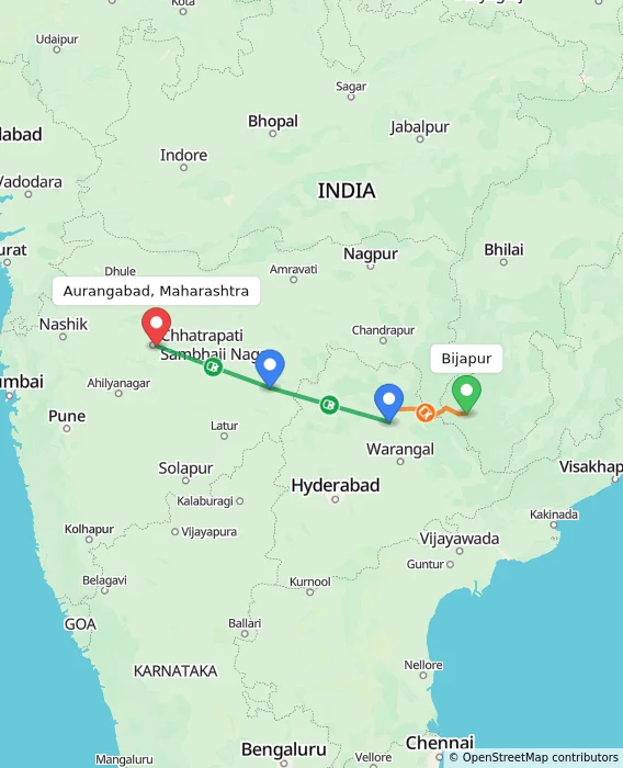 Route map showing distance and travel time from Bijapur, India to Aurangabad, Maharashtra, India