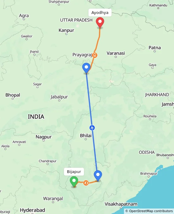 Route map showing distance and travel time from Bijapur, India to Ayodhya, India