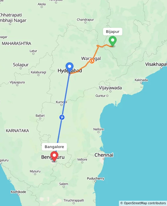 Route map showing distance and travel time from Bijapur, India to Bangalore, India
