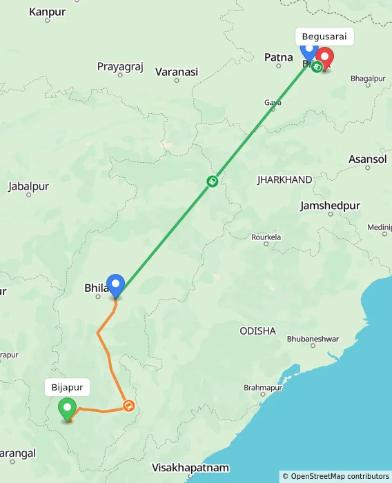 Route map showing distance and travel time from Bijapur, India to Begusarai, India