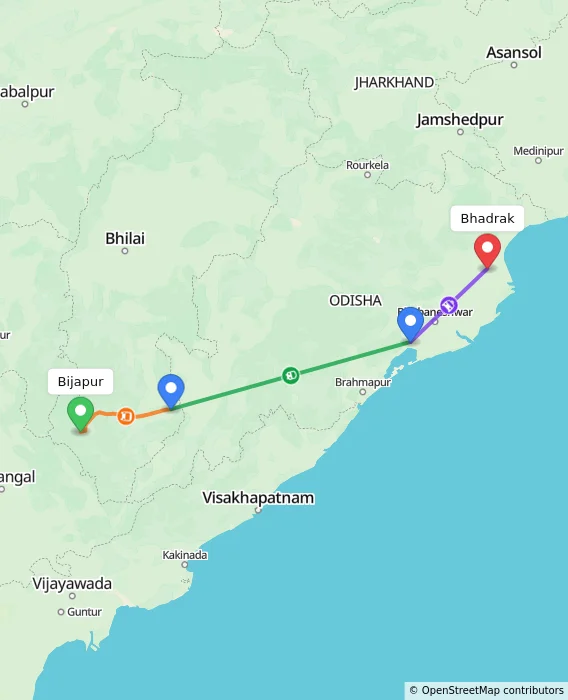 Route map showing distance and travel time from Bijapur, India to Bhadrak, India