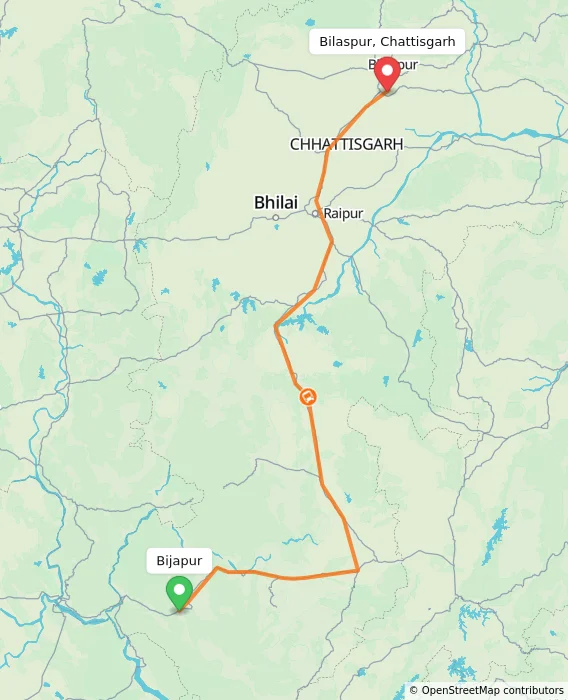 Route map showing distance and travel time from Bijapur, India to Bilaspur, Chattisgarh, India