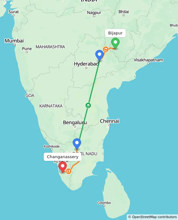 Route map showing distance and travel time from Bijapur, India to Changanassery, India