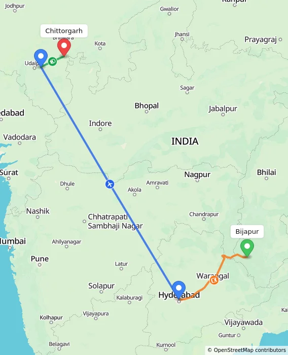 Route map showing distance and travel time from Bijapur, India to Chittorgarh, India