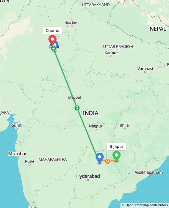 Route map showing distance and travel time from Bijapur, India to Chomu, India