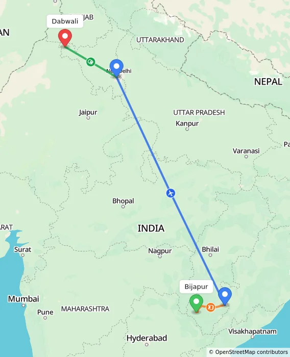 Route map showing distance and travel time from Bijapur, India to Dabwali, India