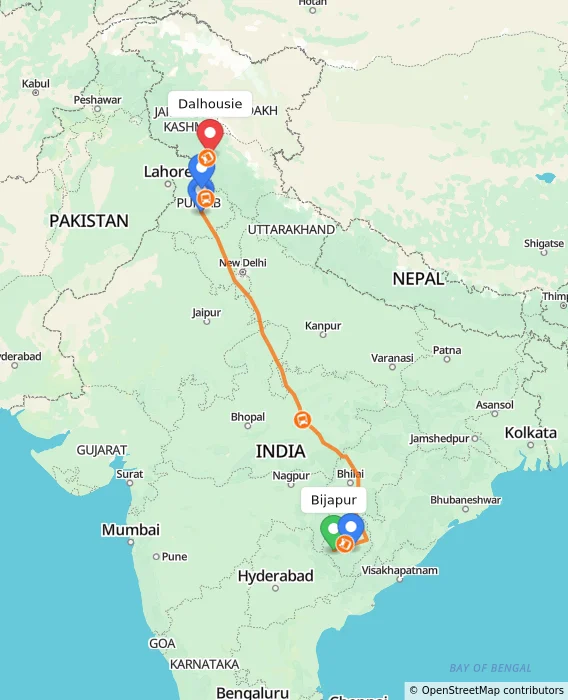 Route map showing distance and travel time from Bijapur, India to Dalhousie, India