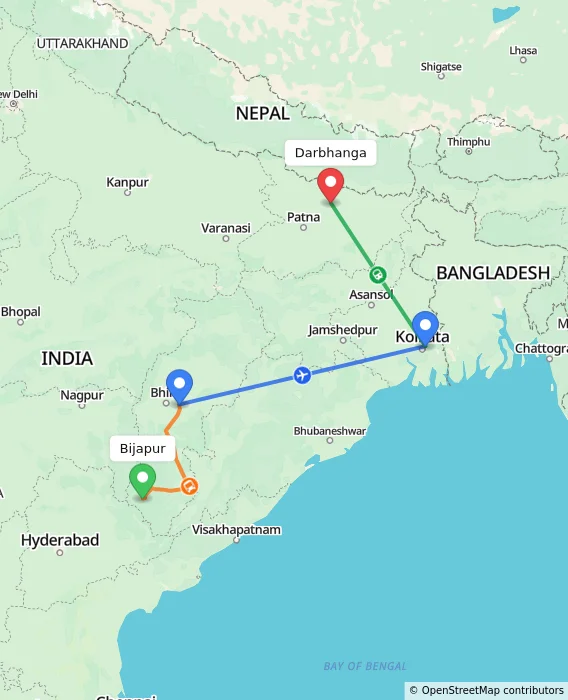Route map showing distance and travel time from Bijapur, India to Darbhanga, India