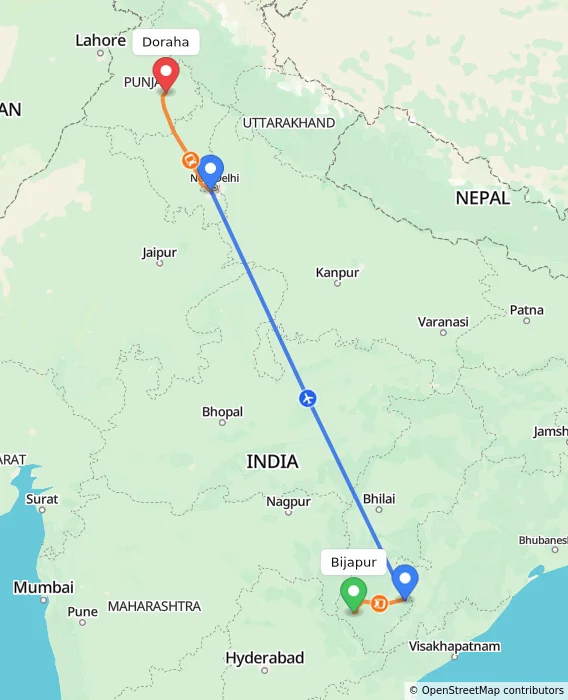 Route map showing distance and travel time from Bijapur, India to Doraha, India