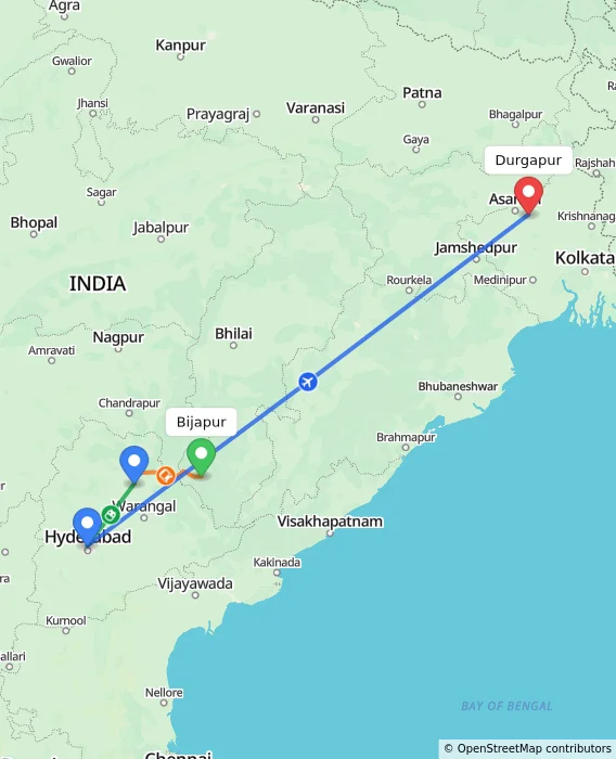 Route map showing distance and travel time from Bijapur, India to Durgapur, India