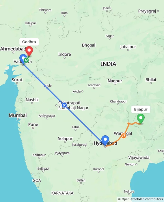Route map showing distance and travel time from Bijapur, India to Godhra, India