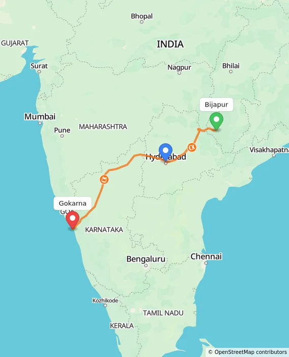 Route map showing distance and travel time from Bijapur, India to Gokarna, India