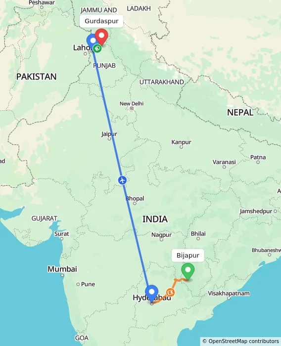 Route map showing distance and travel time from Bijapur, India to Gurdaspur, India