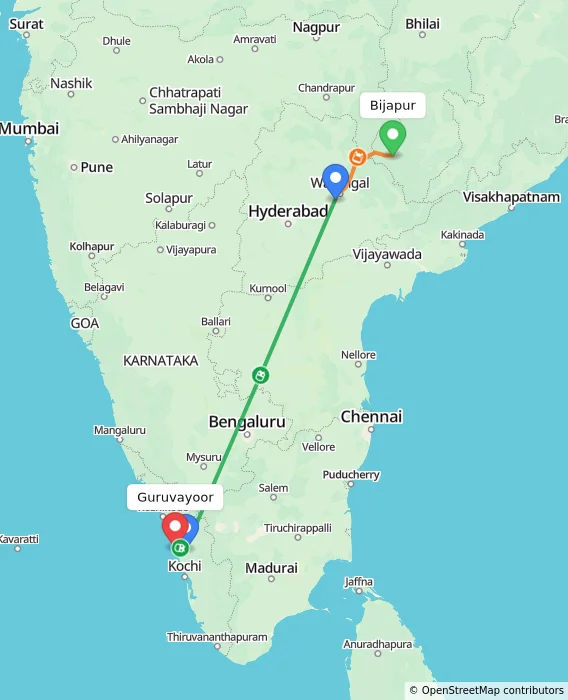 Route map showing distance and travel time from Bijapur, India to Guruvayoor, India