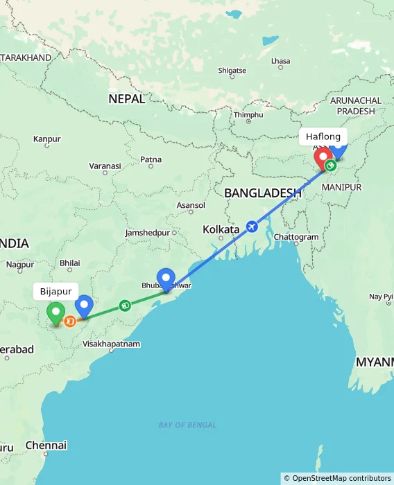 Route map showing distance and travel time from Bijapur, India to Haflong, India