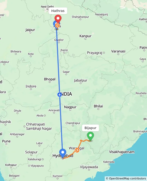 Route map showing distance and travel time from Bijapur, India to Hathras, India