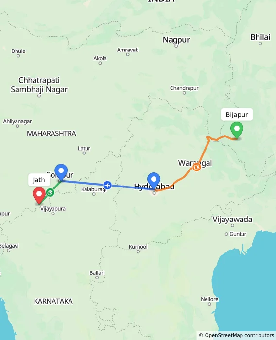 Route map showing distance and travel time from Bijapur, India to Jath, India