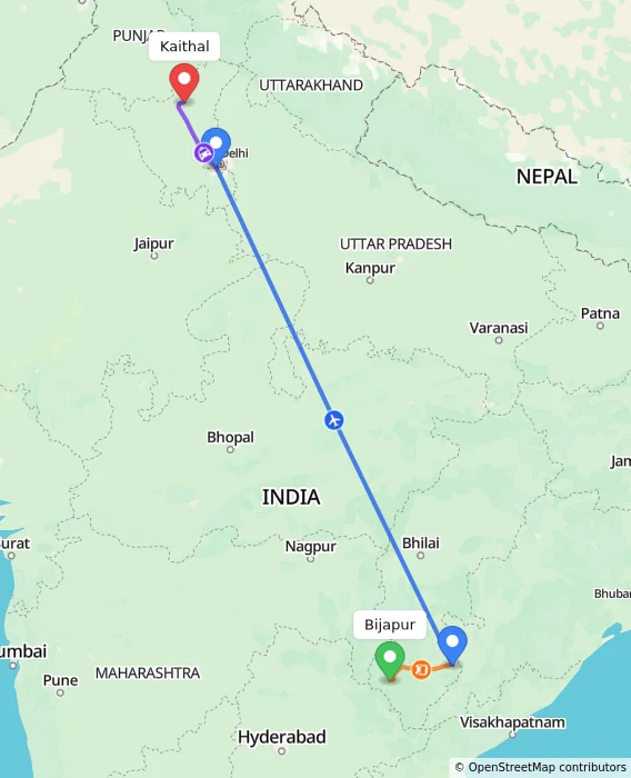 Route map showing distance and travel time from Bijapur, India to Kaithal, India
