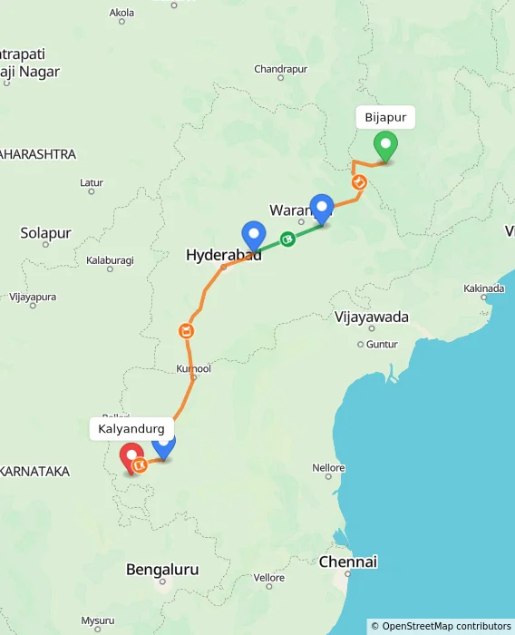 Route map showing distance and travel time from Bijapur, India to Kalyandurg, India