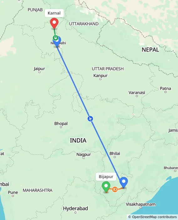 Route map showing distance and travel time from Bijapur, India to Karnal, India