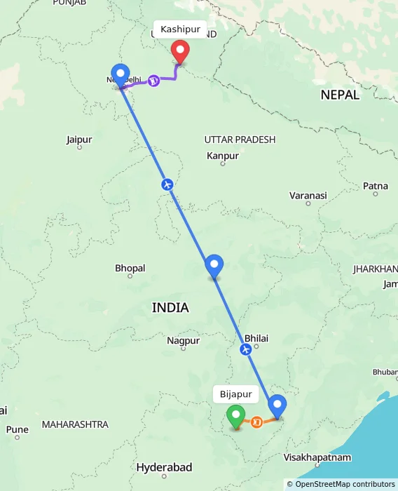 Route map showing distance and travel time from Bijapur, India to Kashipur, India