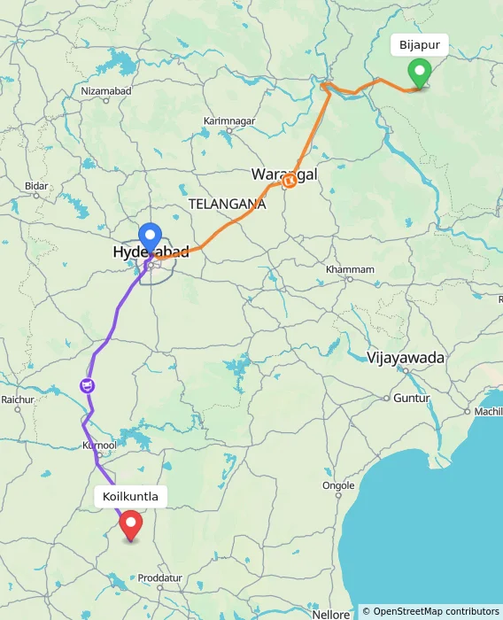 Route map showing distance and travel time from Bijapur, India to Koilkuntla, India
