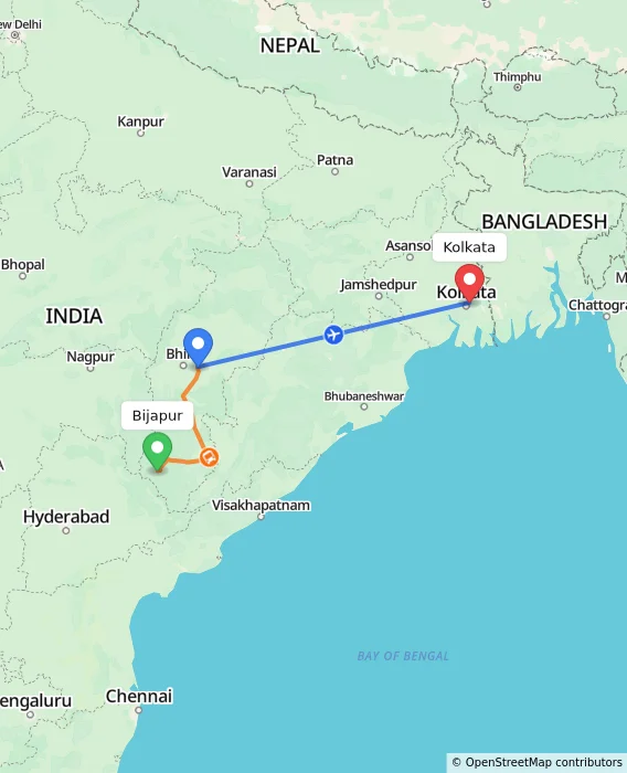 Route map showing distance and travel time from Bijapur, India to Kolkata, India