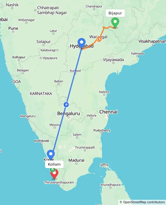 Route map showing distance and travel time from Bijapur, India to Kollam, India
