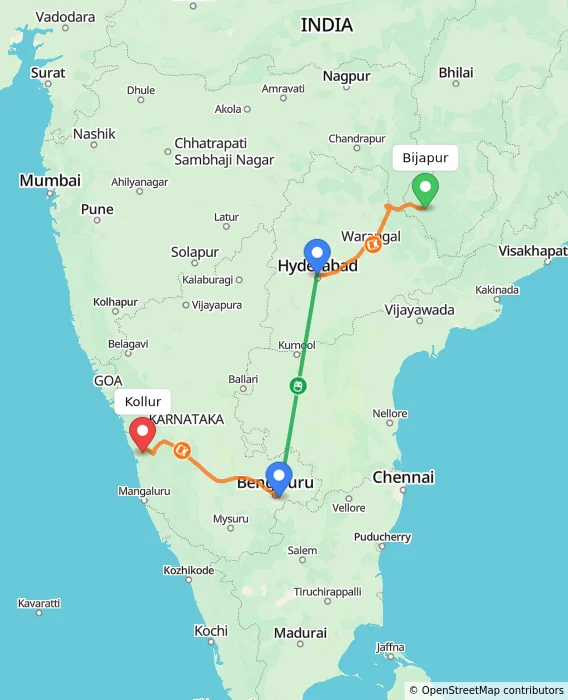 Route map showing distance and travel time from Bijapur, India to Kollur, India