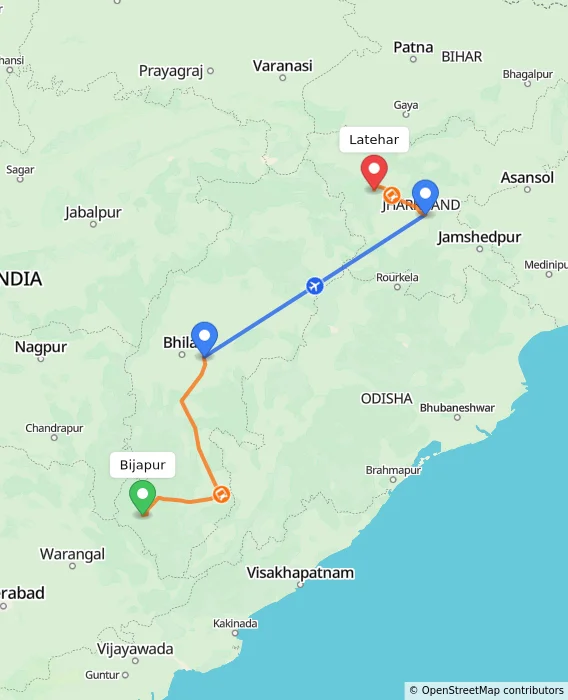 Route map showing distance and travel time from Bijapur, India to Latehar, India