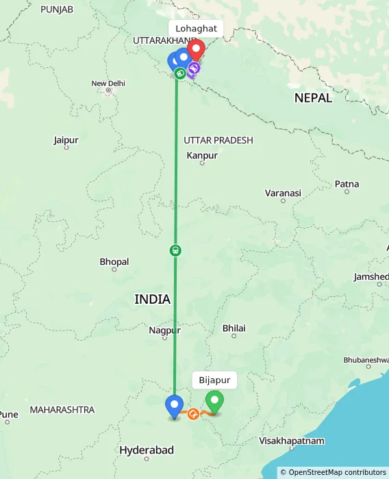 Route map showing distance and travel time from Bijapur, India to Lohaghat, India