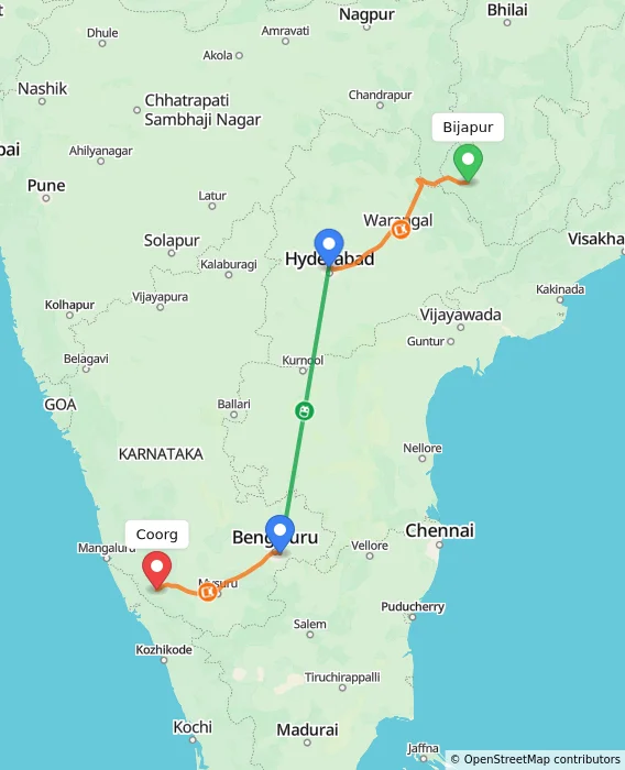 Route map showing distance and travel time from Bijapur, India to Madikeri, India