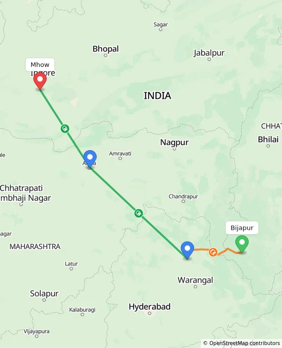 Route map showing distance and travel time from Bijapur, India to Mhow, India