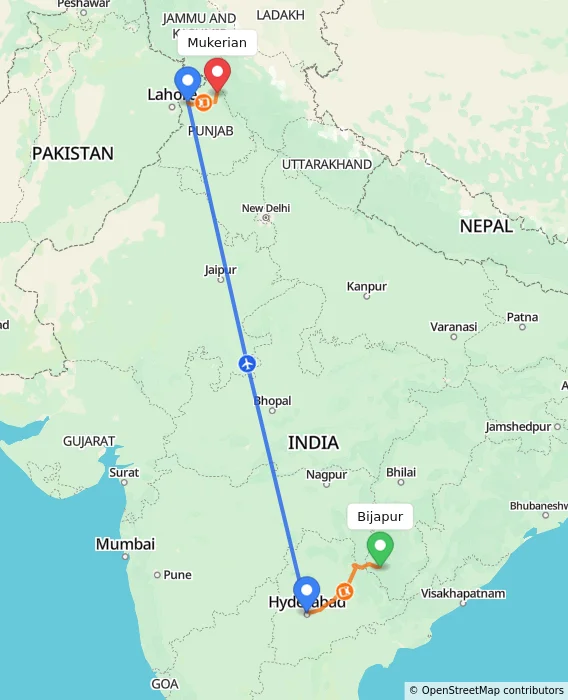 Route map showing distance and travel time from Bijapur, India to Mukerian, India